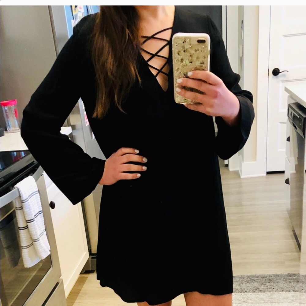 ASTR Lace-Up Bell Sleeve Shift Dress